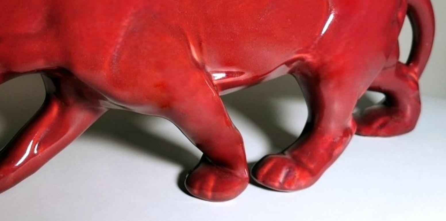 Saint. Clement Style France Art Deco Panther in Antique Red Glazed Ceramic 3