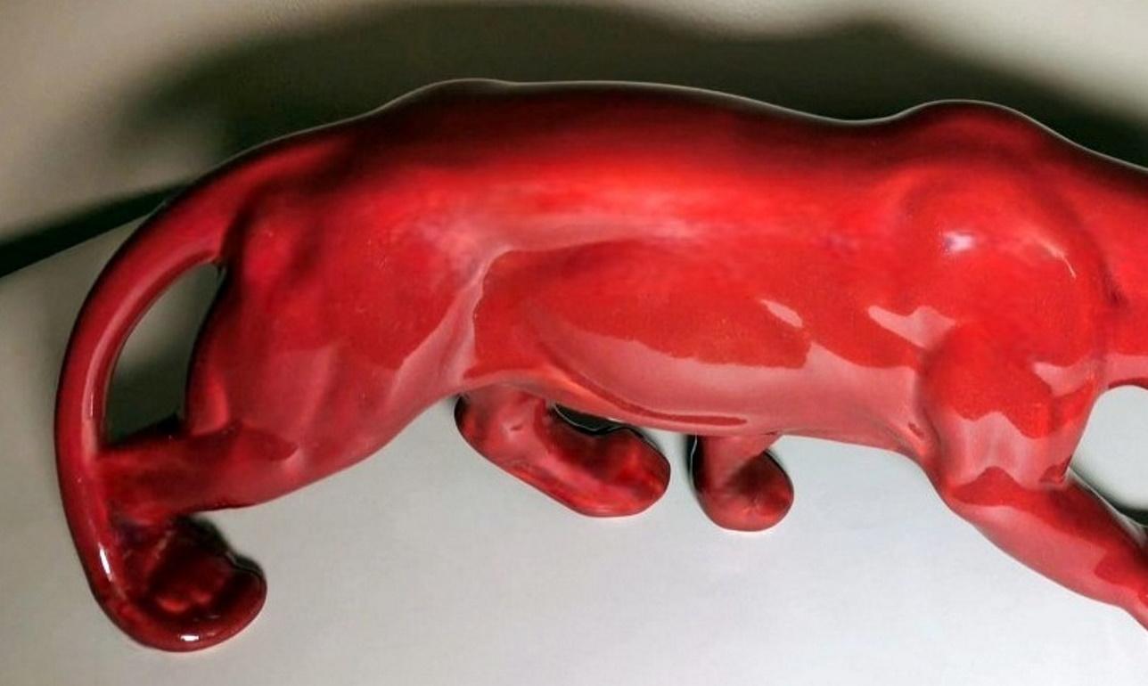 Saint. Clement Style France Art Deco Panther in Antique Red Glazed Ceramic 4