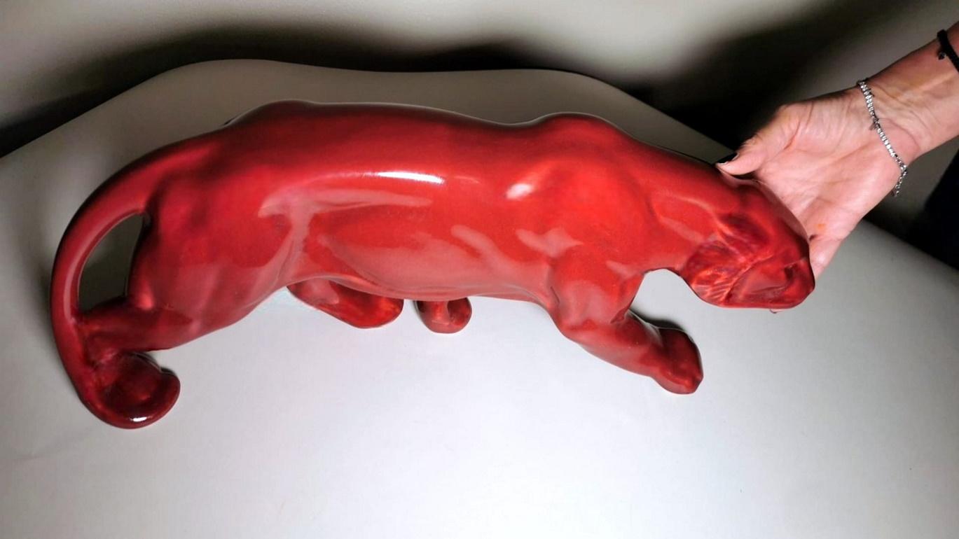 Saint. Clement Style France Art Deco Panther in Antique Red Glazed Ceramic 8