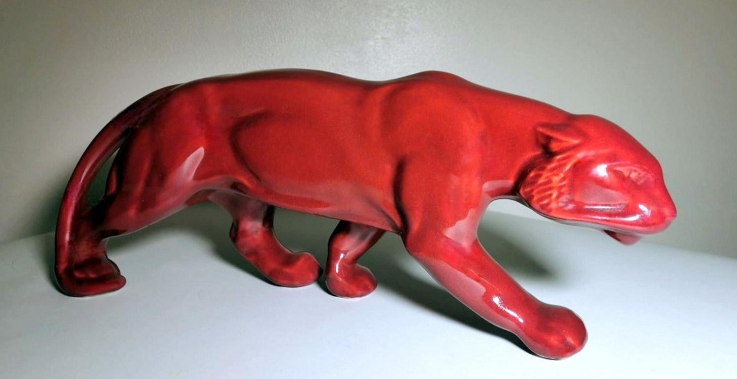 French Saint. Clement Style France Art Deco Panther in Antique Red Glazed Ceramic
