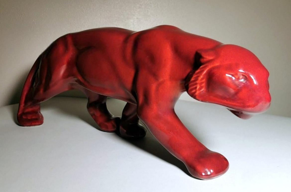 Enameled Saint. Clement Style France Art Deco Panther in Antique Red Glazed Ceramic