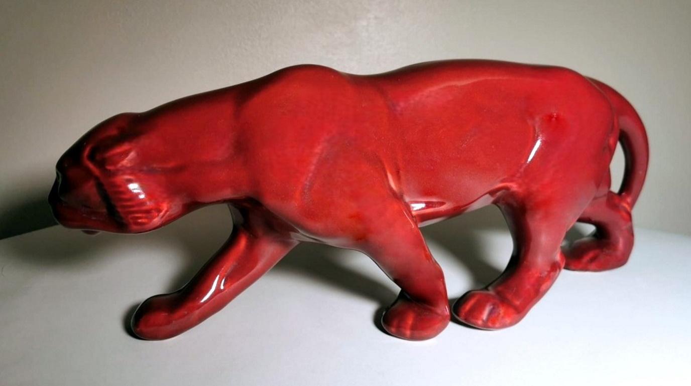 Saint. Clement Style France Art Deco Panther in Antique Red Glazed Ceramic In Good Condition In Prato, Tuscany