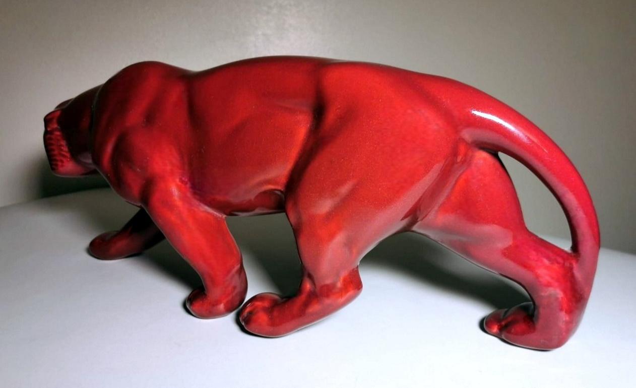 20th Century Saint. Clement Style France Art Deco Panther in Antique Red Glazed Ceramic