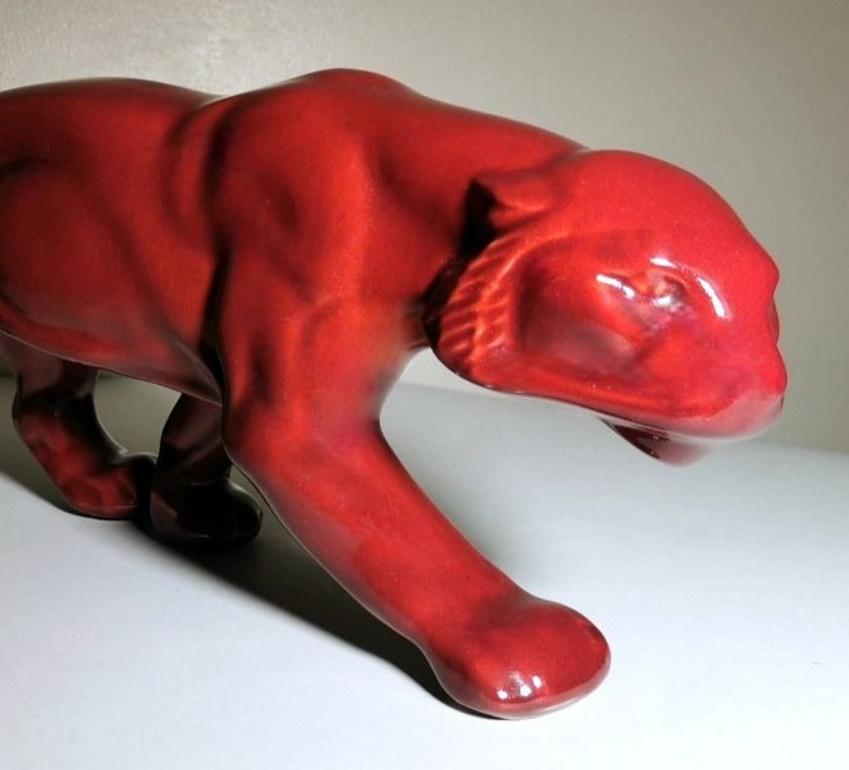 Saint. Clement Style France Art Deco Panther in Antique Red Glazed Ceramic 1
