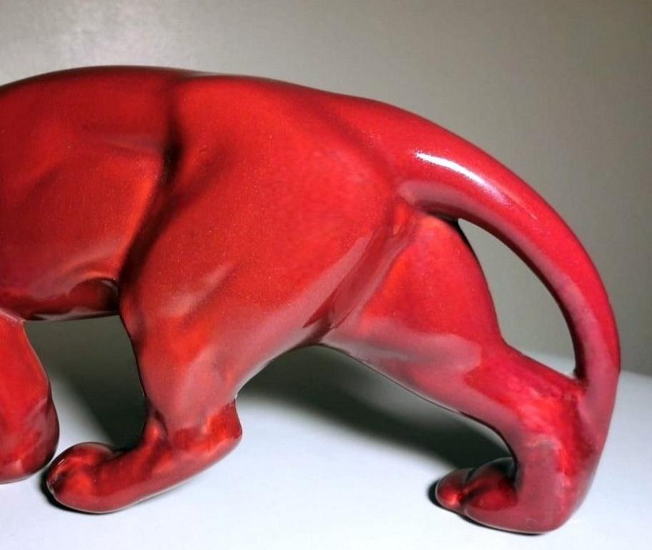 Saint. Clement Style France Art Deco Panther in Antique Red Glazed Ceramic 2