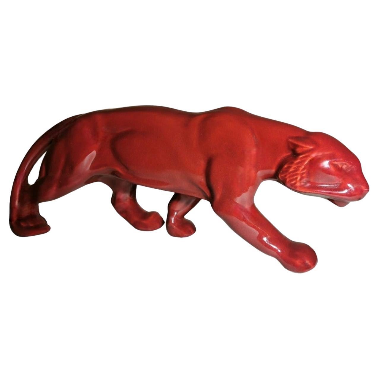 Saint. Clement Style France Art Deco Panther in Antique Red Glazed Ceramic