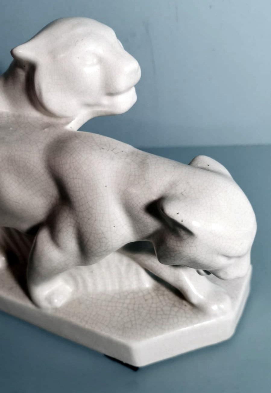 Saint Clement Style France Art Deco Statue Pair White Craquelè Ceramic Panters 5