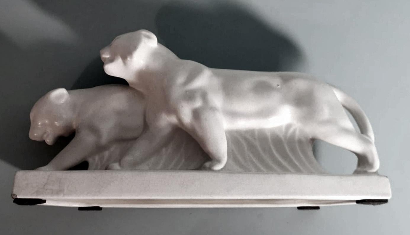Saint Clement Style France Art Deco Statue Pair White Craquelè Ceramic Panters 10
