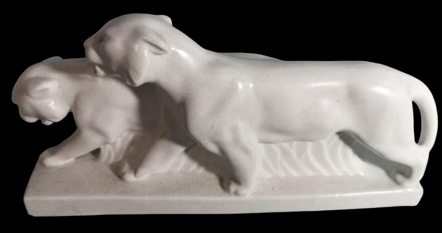 French Saint Clement Style France Art Deco Statue Pair White Craquelè Ceramic Panters