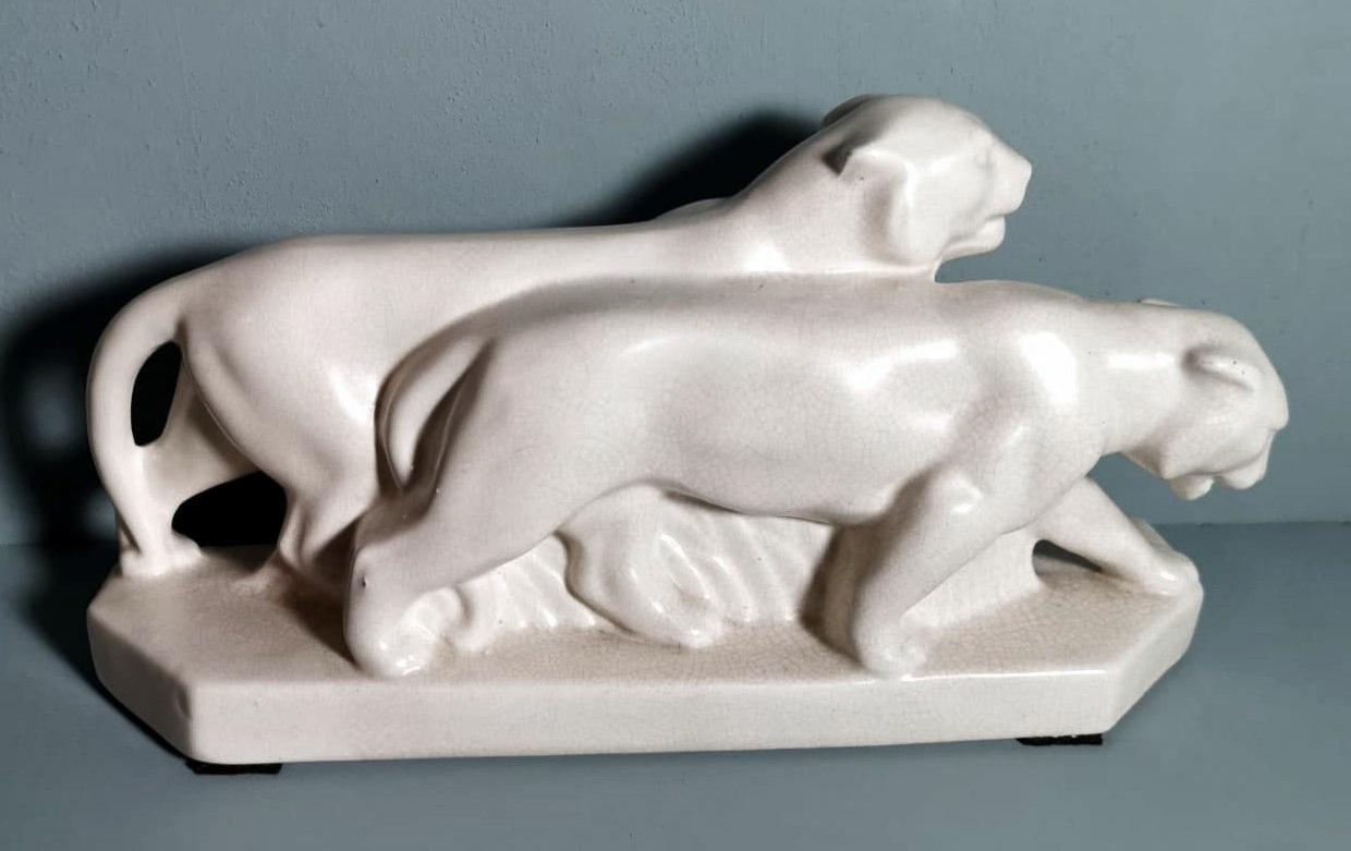 Glazed Saint Clement Style France Art Deco Statue Pair White Craquelè Ceramic Panters