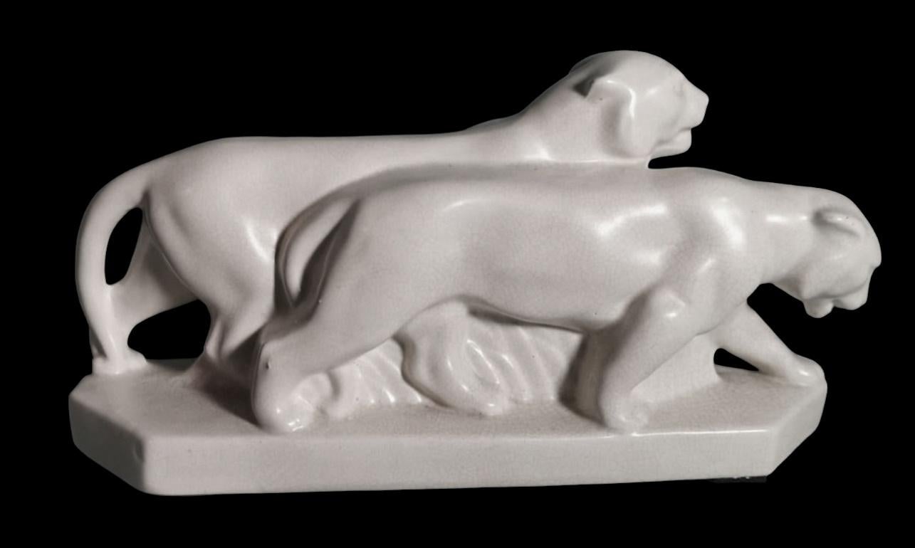 Saint Clement Style France Art Deco Statue Pair White Craquelè Ceramic Panters In Good Condition In Prato, Tuscany