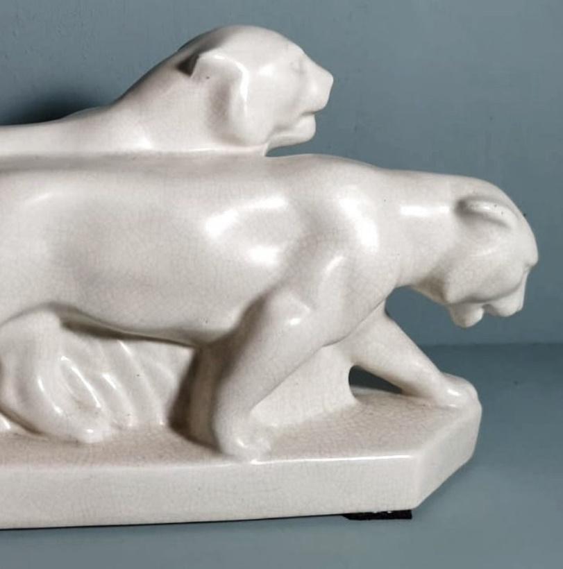 20th Century Saint Clement Style France Art Deco Statue Pair White Craquelè Ceramic Panters