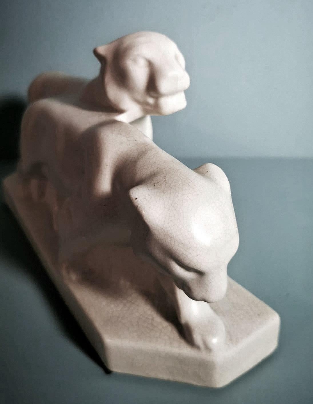 Saint Clement Style France Art Deco Statue Pair White Craquelè Ceramic Panters 1