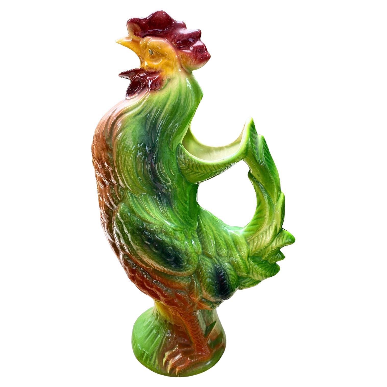 Saint Clément Vintage French Barbotine Majolica Gallic Rooster Absinthe Pitcher For Sale