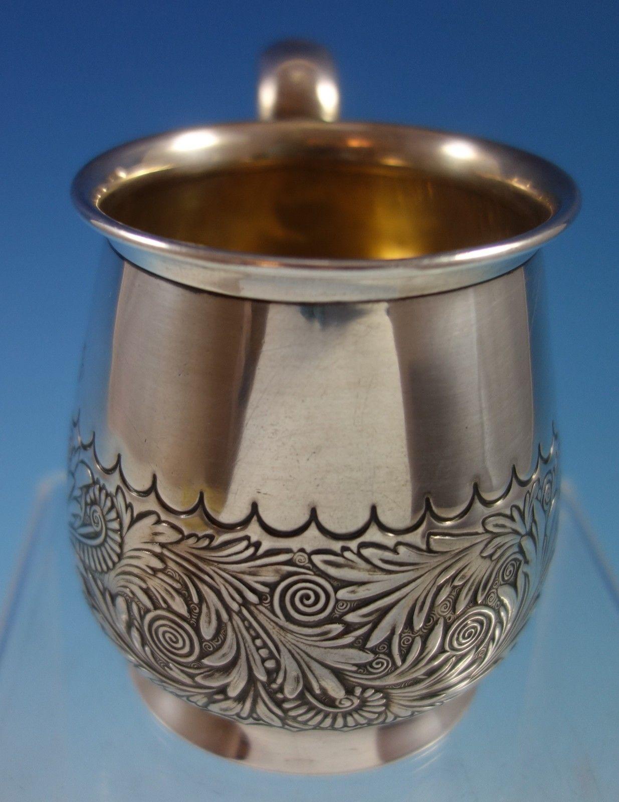 Saint Cloud by Gorham sterling silver baby cup with gold washed interior. The piece is marked with #3935. It has a monogram that reads Nancy, and has an inscription on the bottom that says, To Mary Nelson Williams from Mary Nelson Williams Putnam