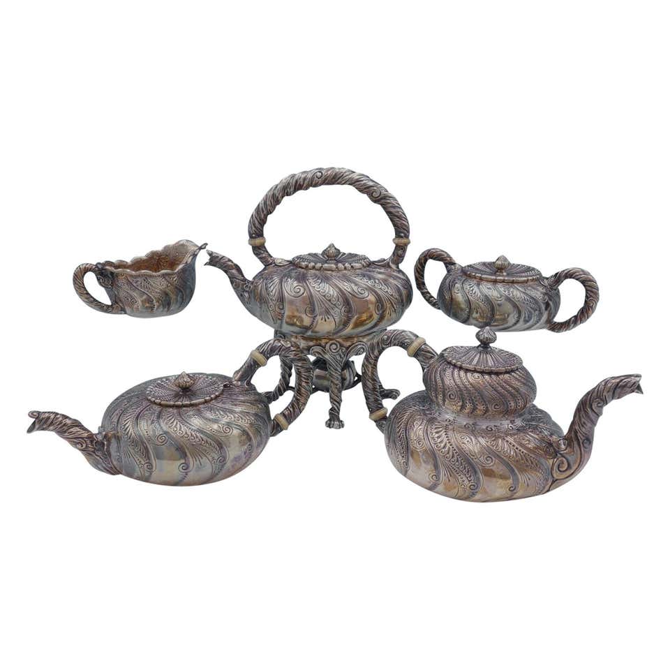Gorham Japonesque Hand-Hammered Sterling Silver and Mixed Metal Tea Set ...