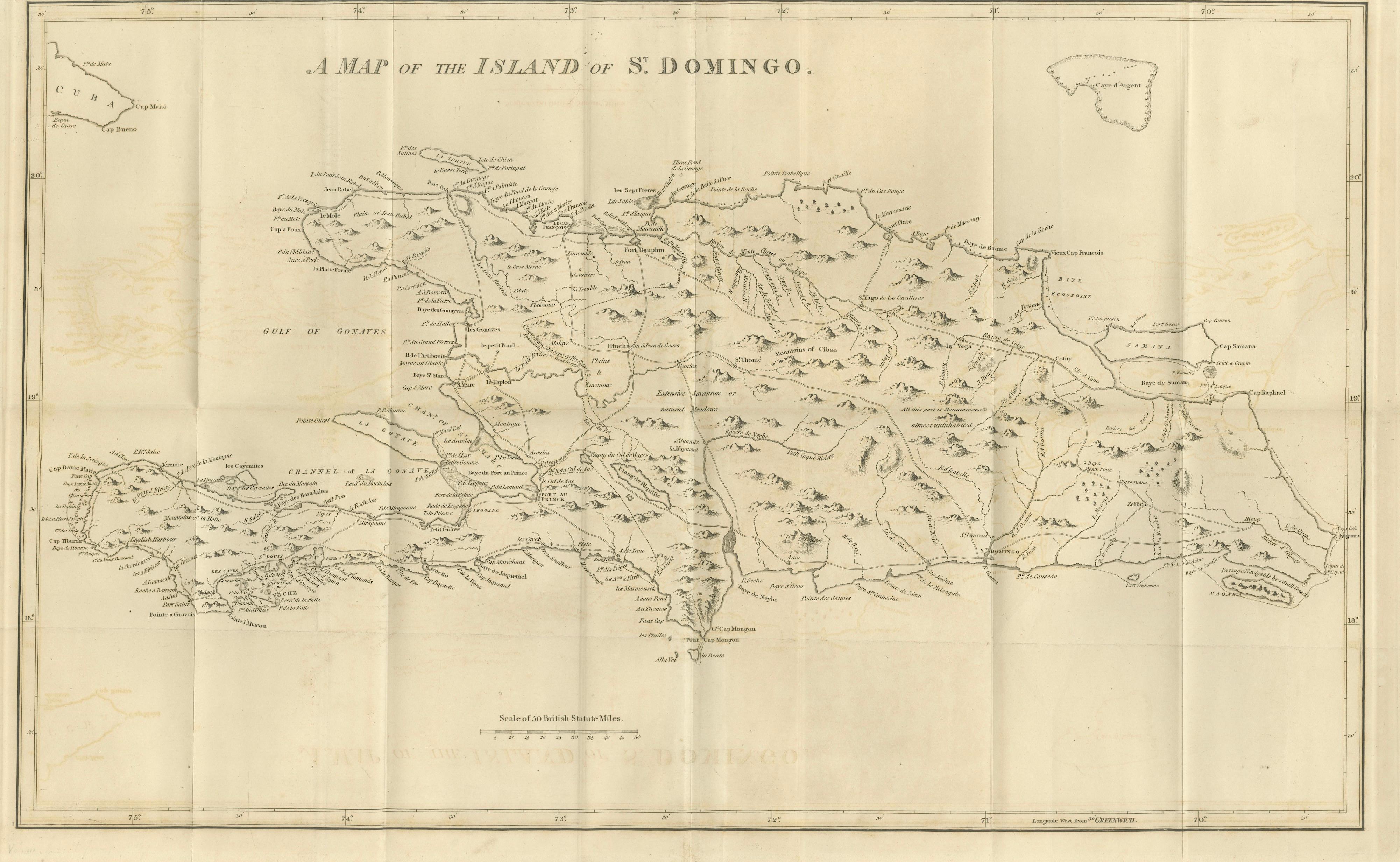 1793 Map of Saint Domingue (Haiti and DR) – Colonial Island Plan

This antique map is titled “A Map of the Island of St. Domingo” and dates from circa 1793. It depicts the entire island of Hispaniola, comprising modern-day Haiti and the Dominican