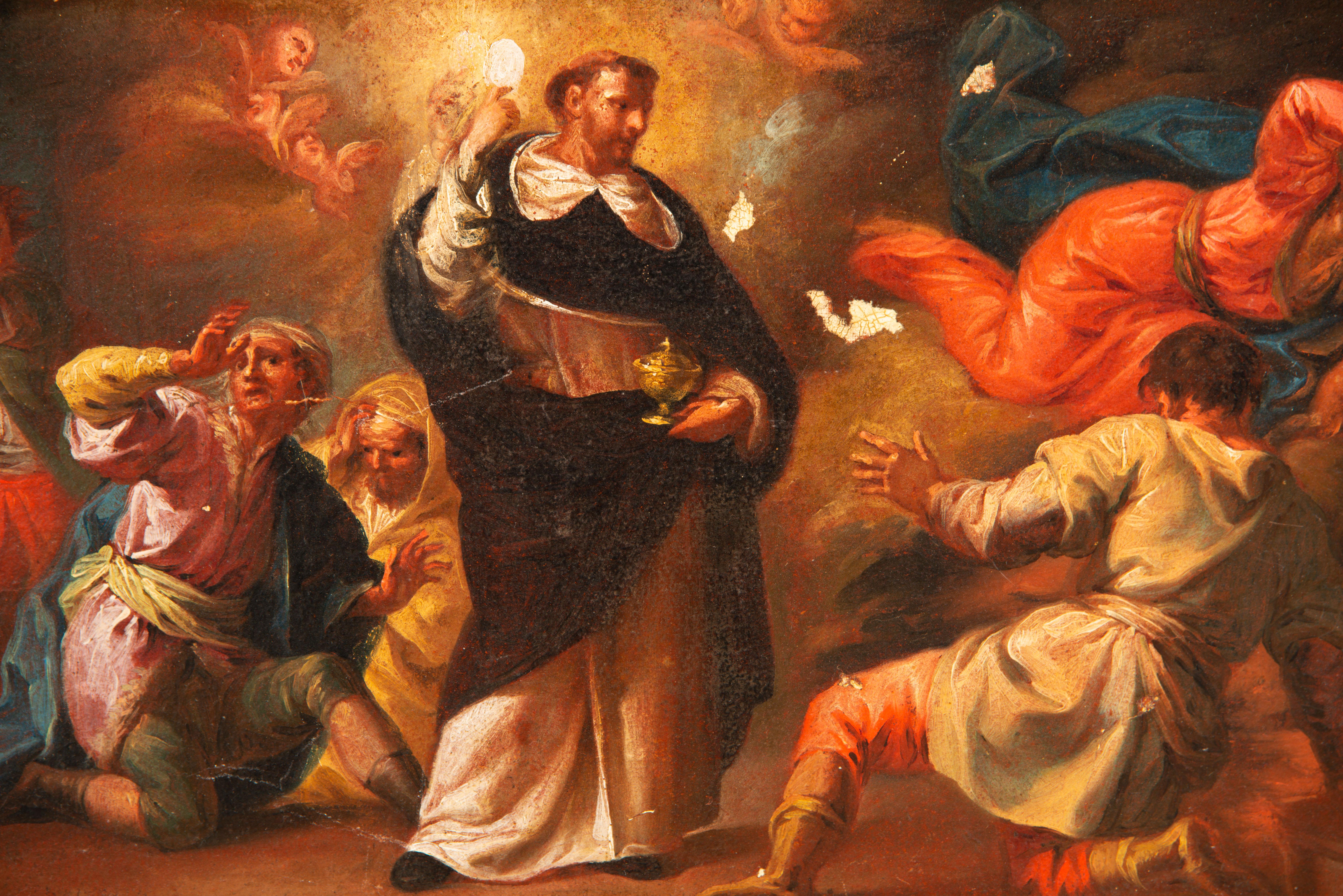 Saint Dominic. Oil on canvas. Spanish school, 18th century. 
It has some faults.
Oil on canvas with a horizontal layout depicting a Dominican wearing the characteristic habit of the order holding a Holy Host and a chalice in the other hand. He is