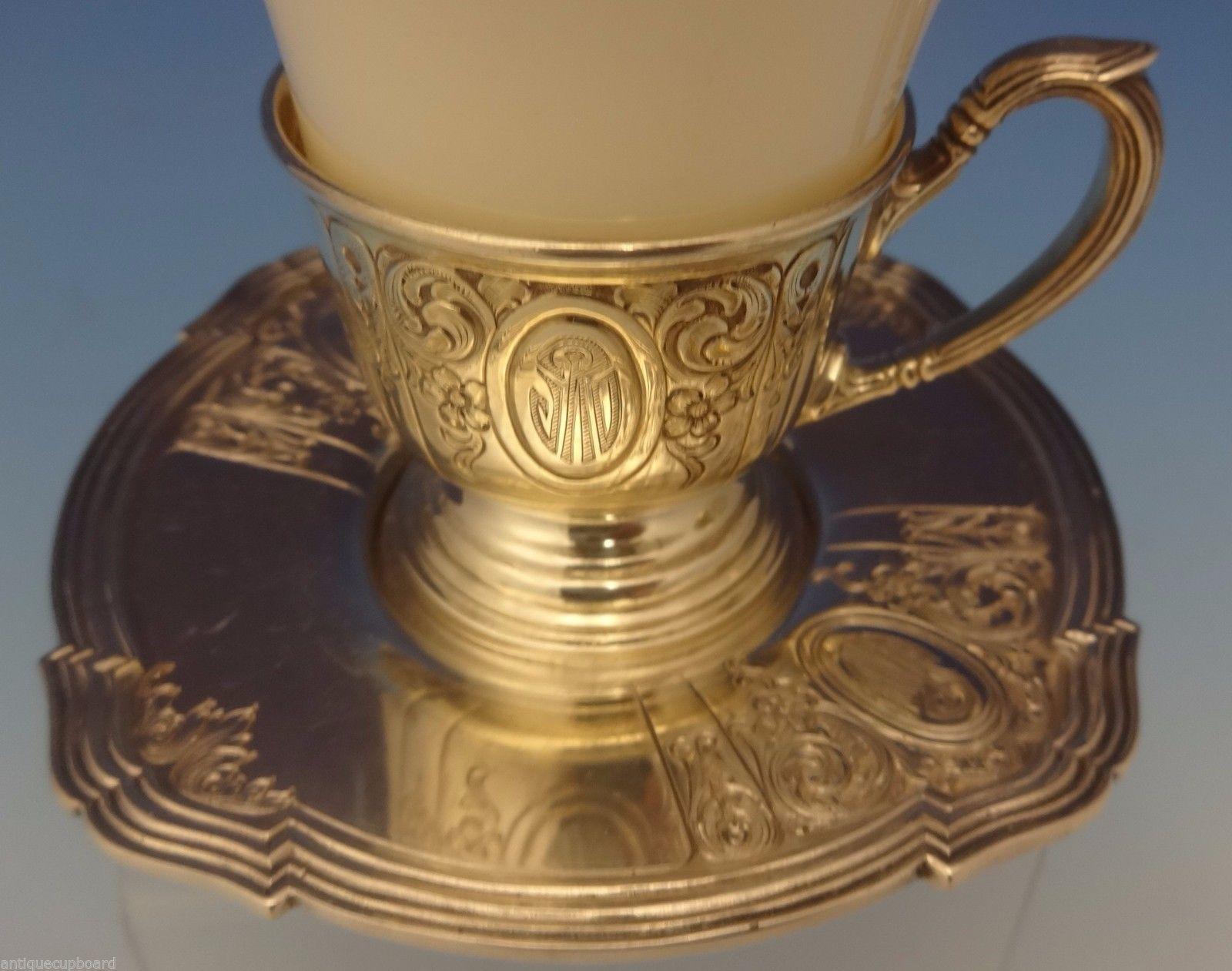 American Saint Dunstan Chased by Gorham Sterling Demitasse Cup with Saucer & Liner