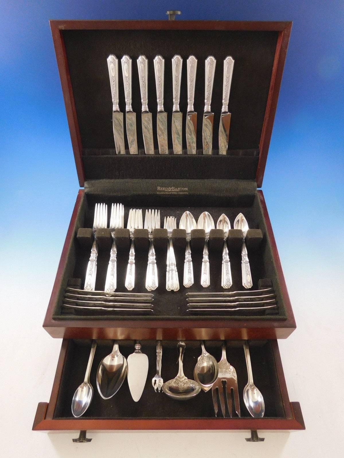 Stunning Saint Dunstan Chased by Gorham sterling silver Flatware set, 73 pieces. This set includes:

8 Knives, 9 1/4
