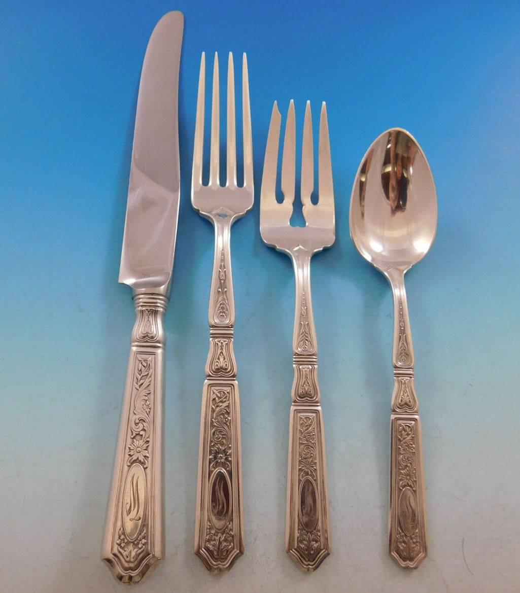 Saint Dunstan Chased by Gorham Sterling Silver Flatware Set Service 73 pc W mono In Excellent Condition For Sale In Big Bend, WI