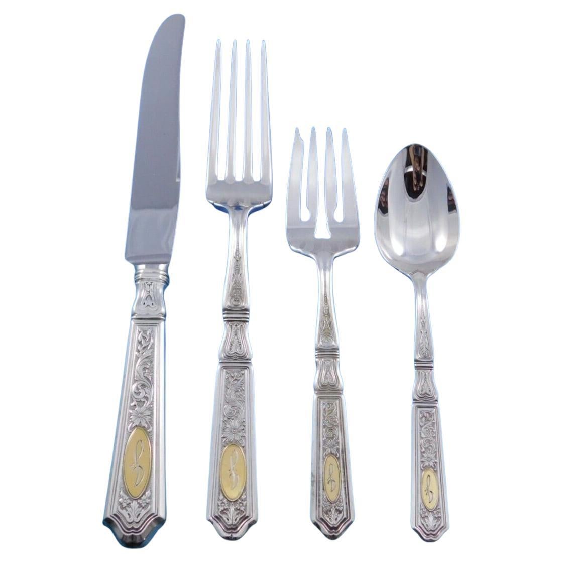 Saint Dunstan Chased Gold by Gorham Sterling Silver Flatware Set 32 pc J mono Dn