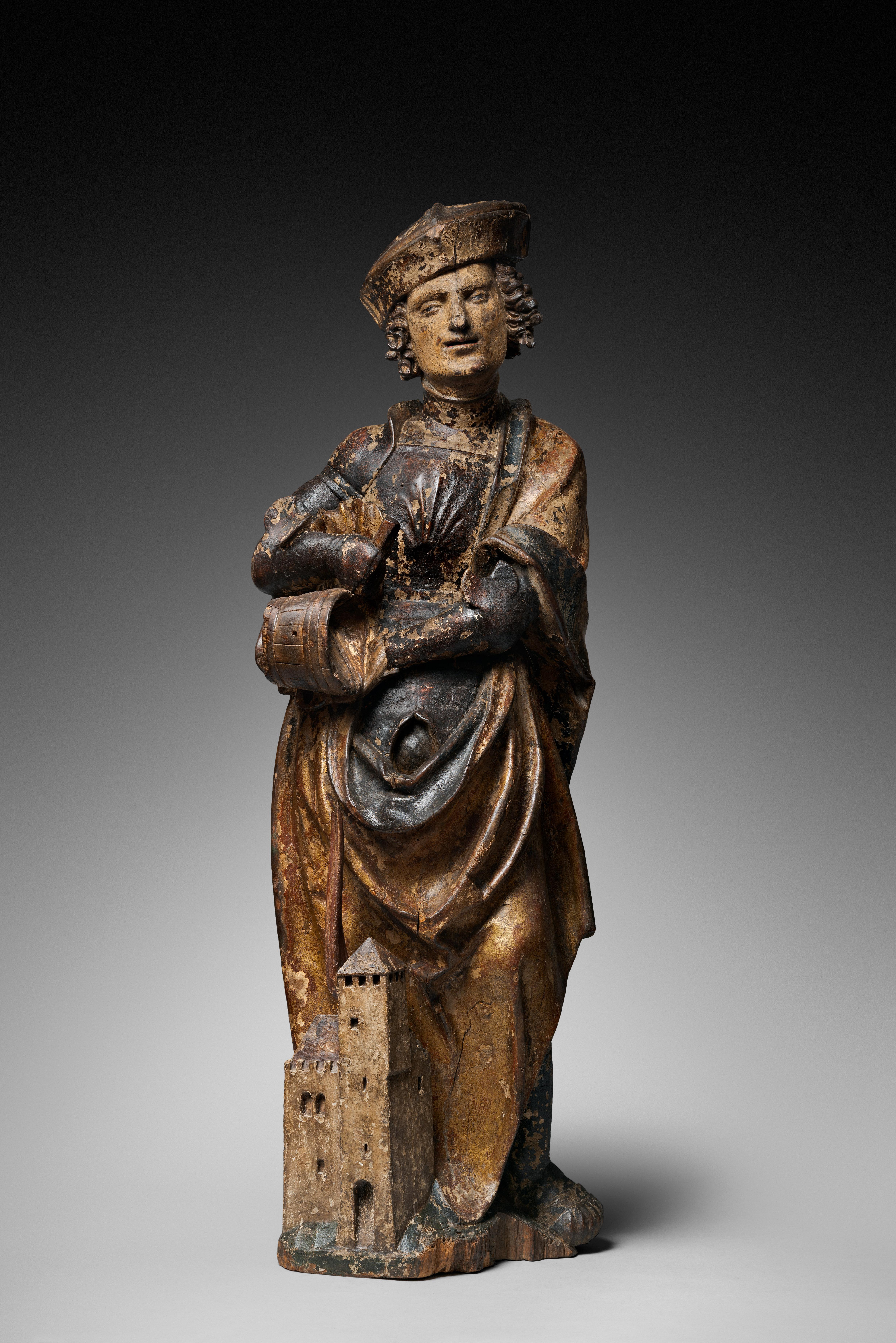 SAINT FLORIAN
 
ORIGIN: SOUTH GERMANY, SWABIA
PERIOD: END OF THE 15th CENTURY
 
Height : 100,5 cm
Width : 34 cm
Depth : 17 cm
 Polychromed lime wood
Good state of conservation
 
 Since the Middle Ages, Saint Florian has been the object of an
