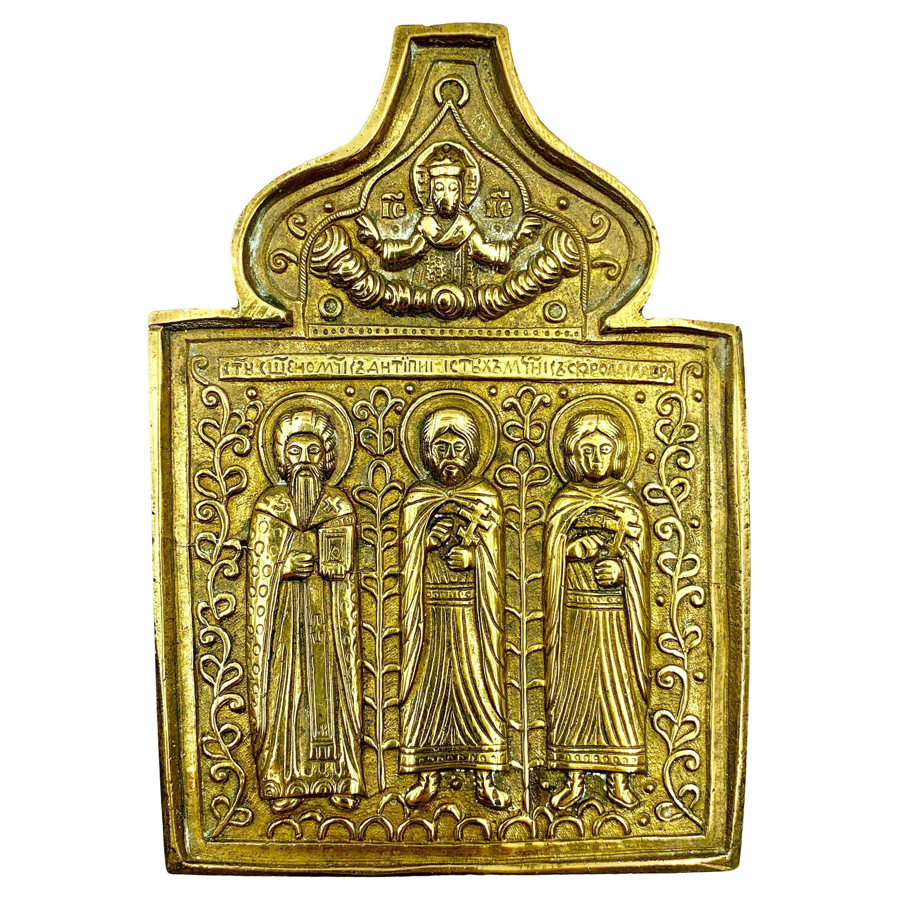 Iconque de voyage russe ancien en bronze fin Saint Florus Saint Lavros Saint Antipas en vente