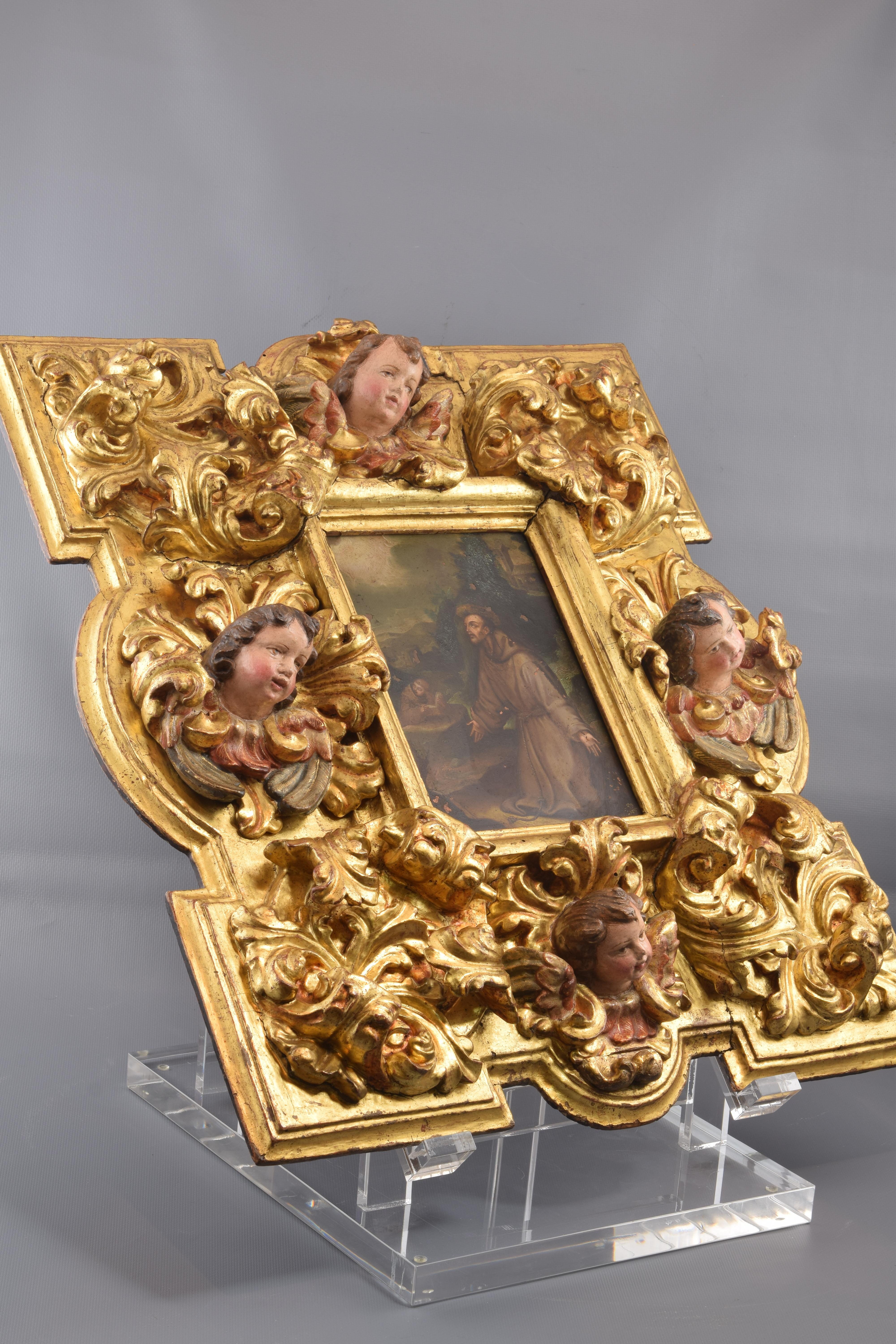 Baroque Saint Francis Oil on Copper with Important Frame, 17th Century