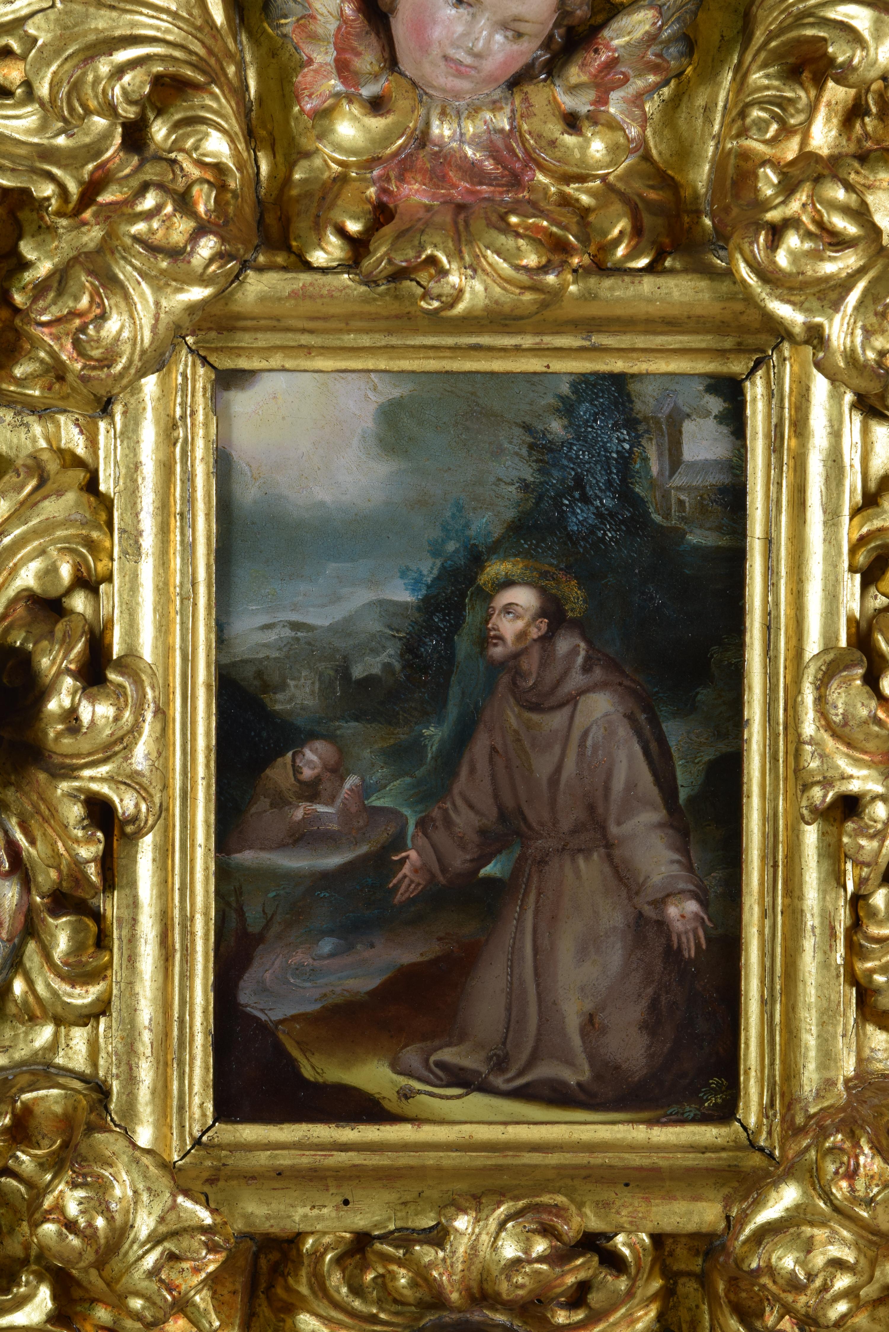 Spanish Saint Francis Oil on Copper with Important Frame, 17th Century