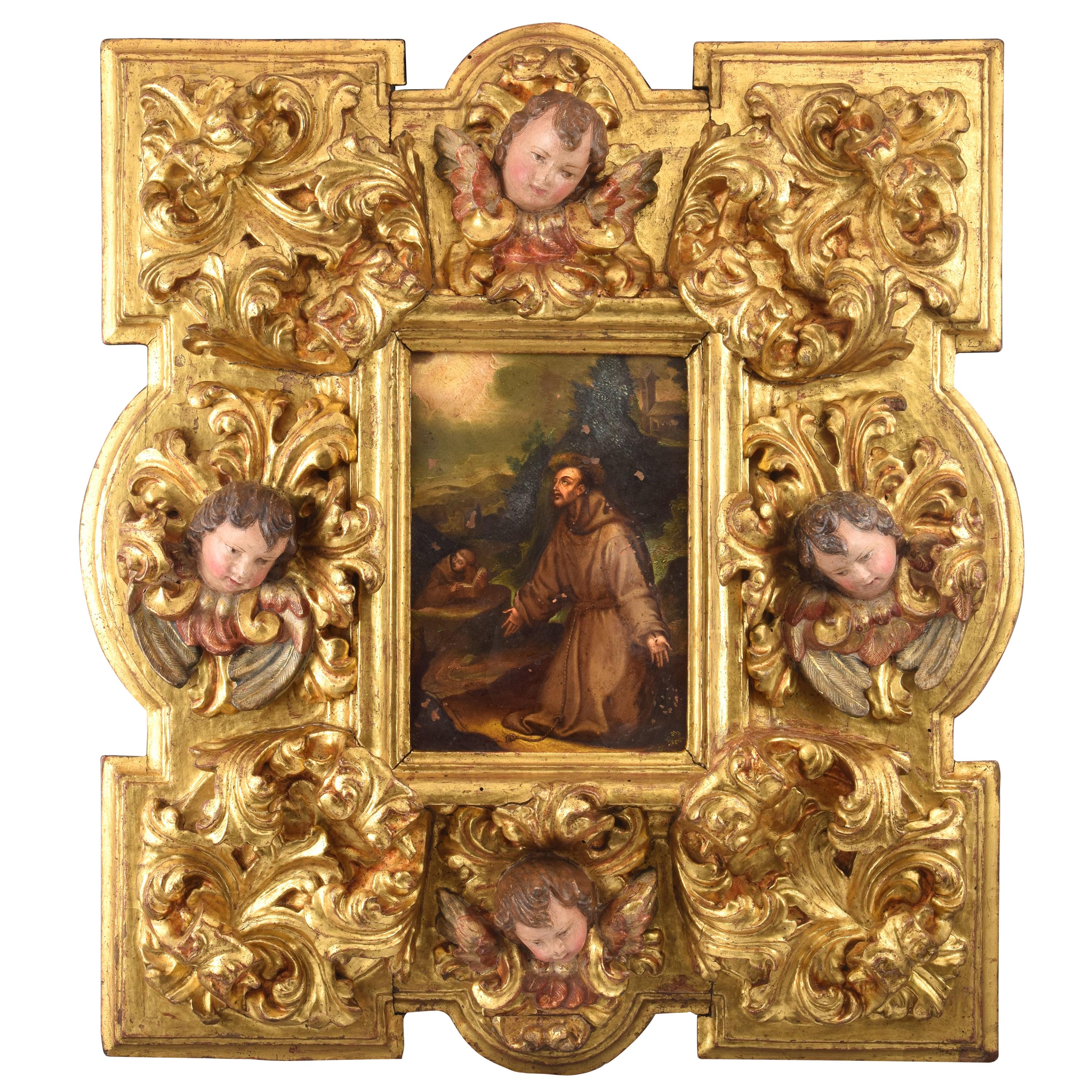 Saint Francis Oil on Copper with Important Frame, 17th Century