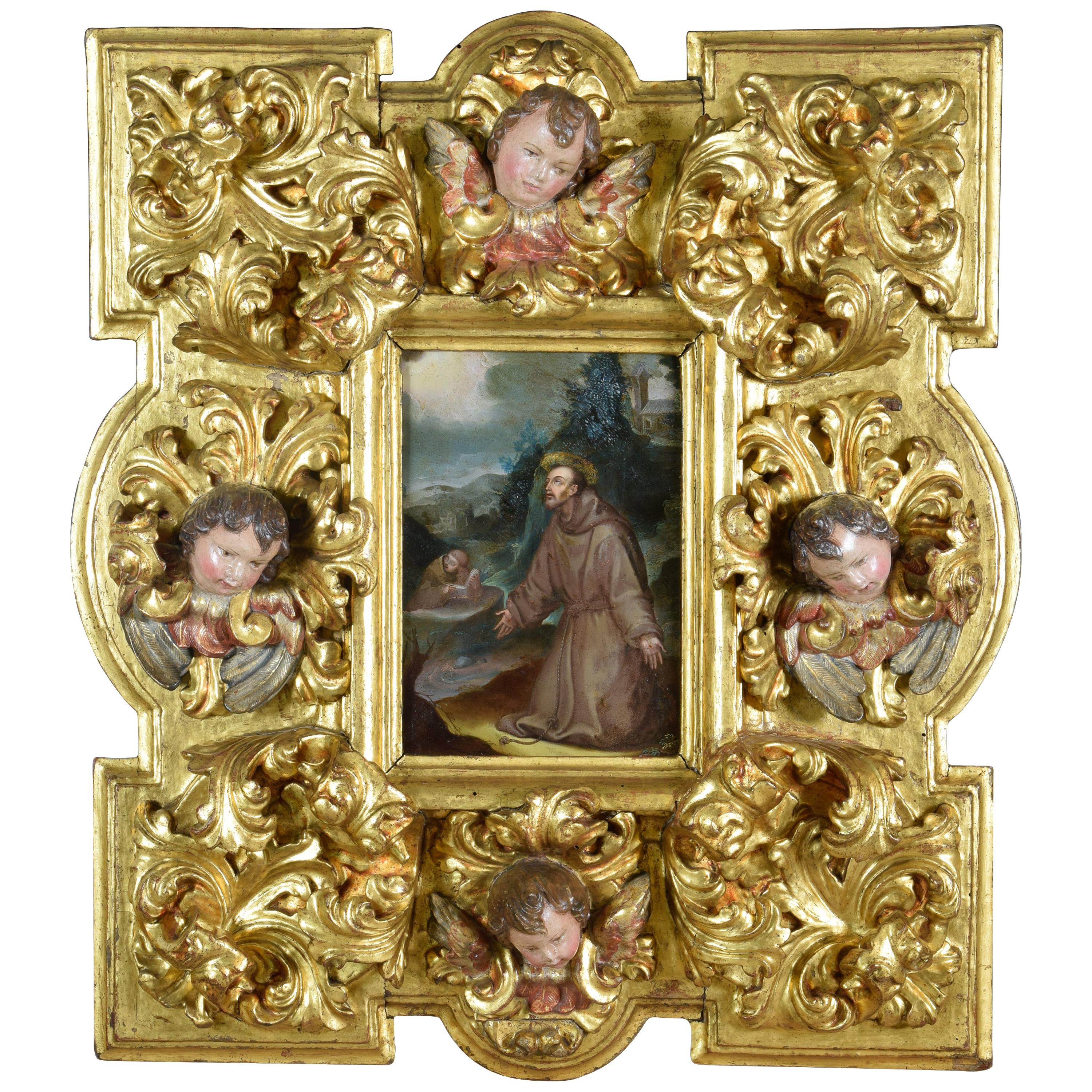 Saint Francis Oil on Copper with Important Frame, 17th Century