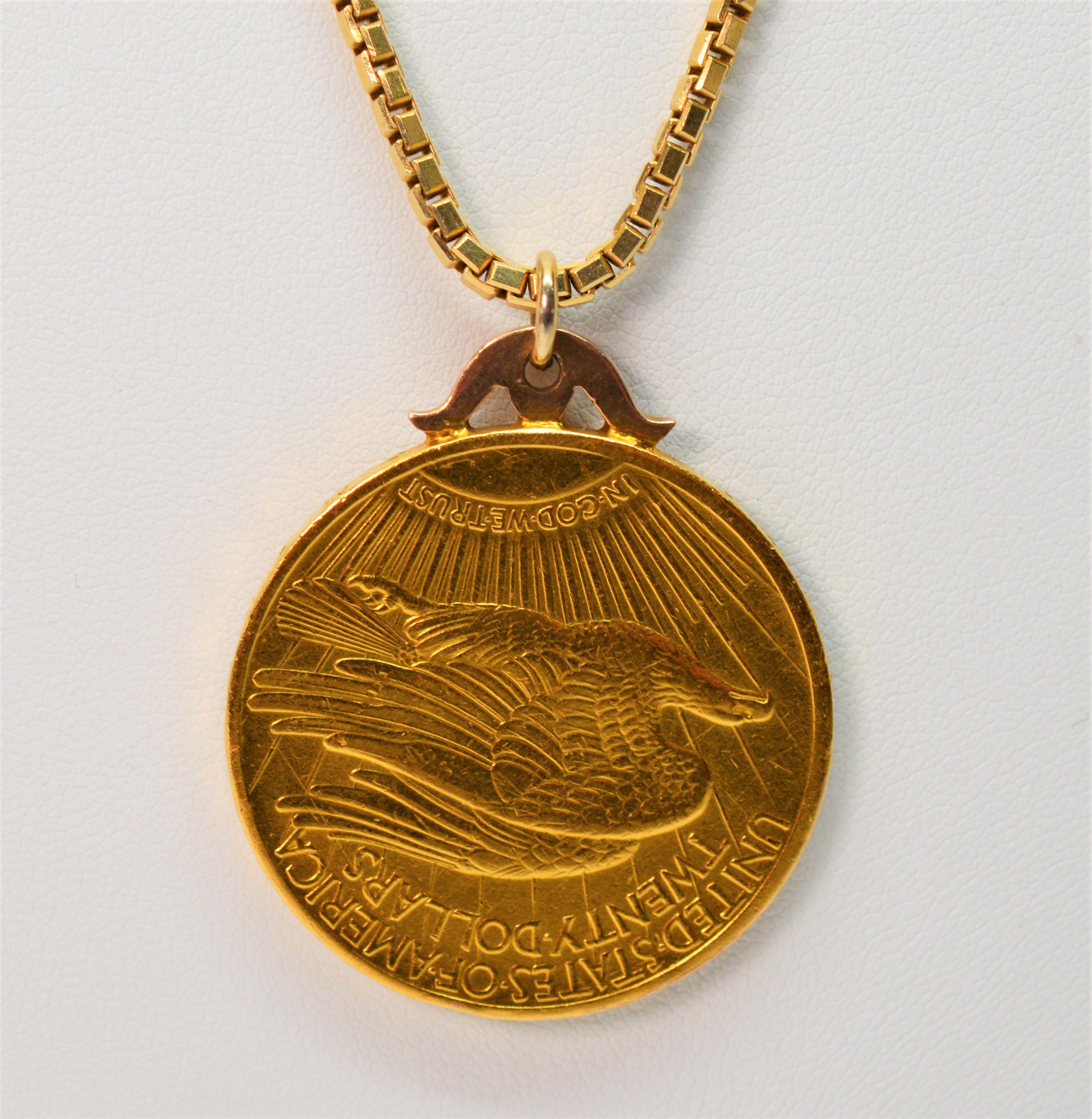 Saint Gauden Double Eagle Gold Coin Pendant Necklace In Excellent Condition In Mount Kisco, NY