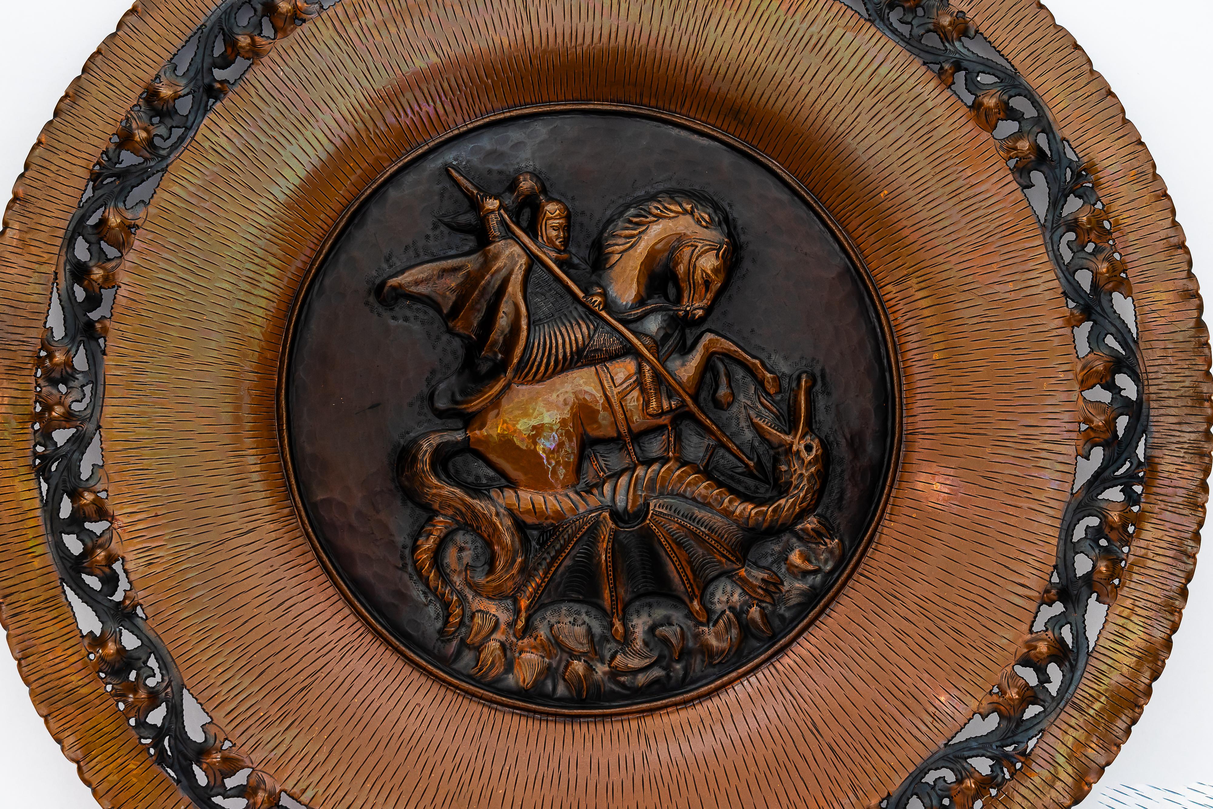Italian Saint geogius kills dragon big wall decoration made of copper italy around 1950s For Sale