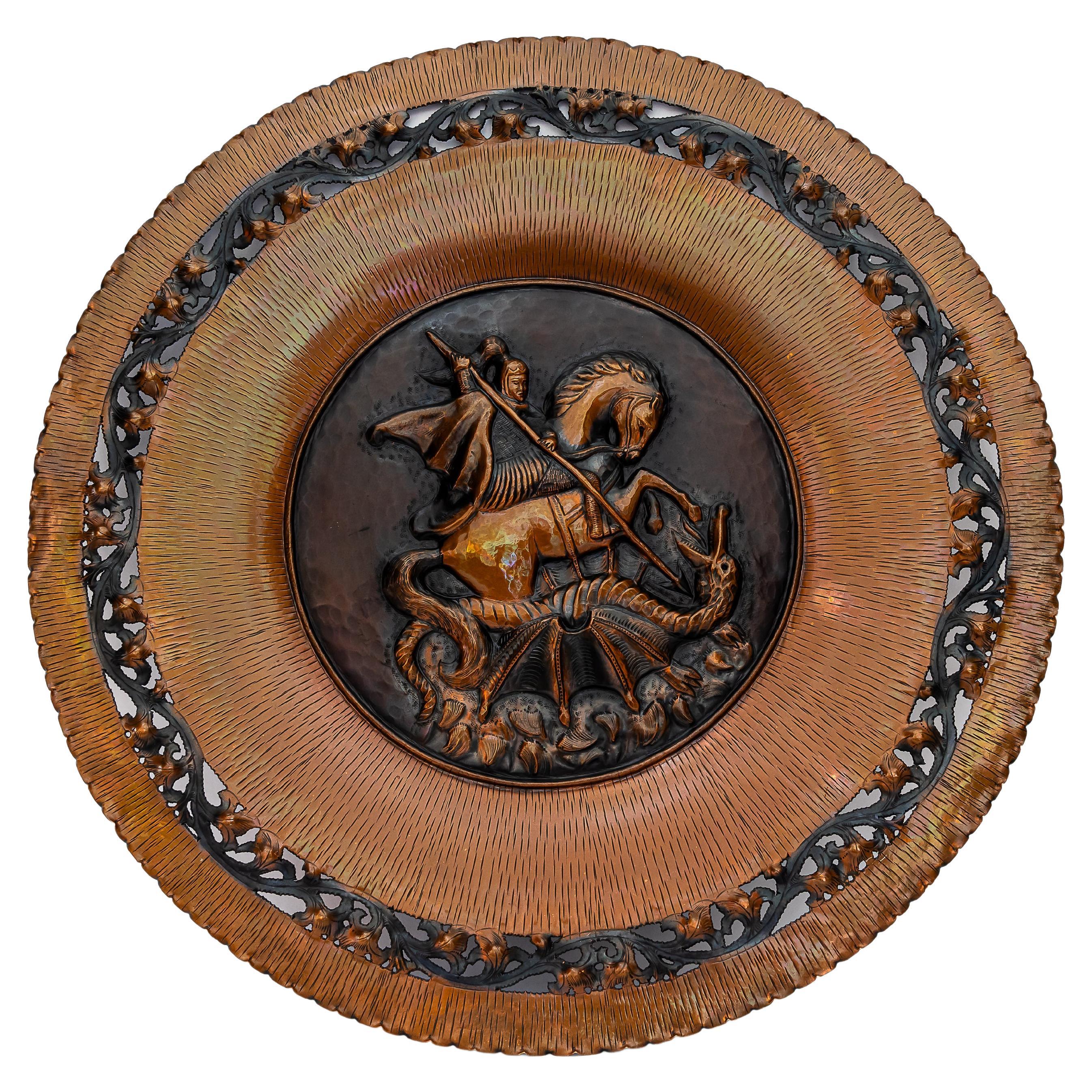 Saint geogius kills dragon big wall decoration made of copper italy around 1950s For Sale