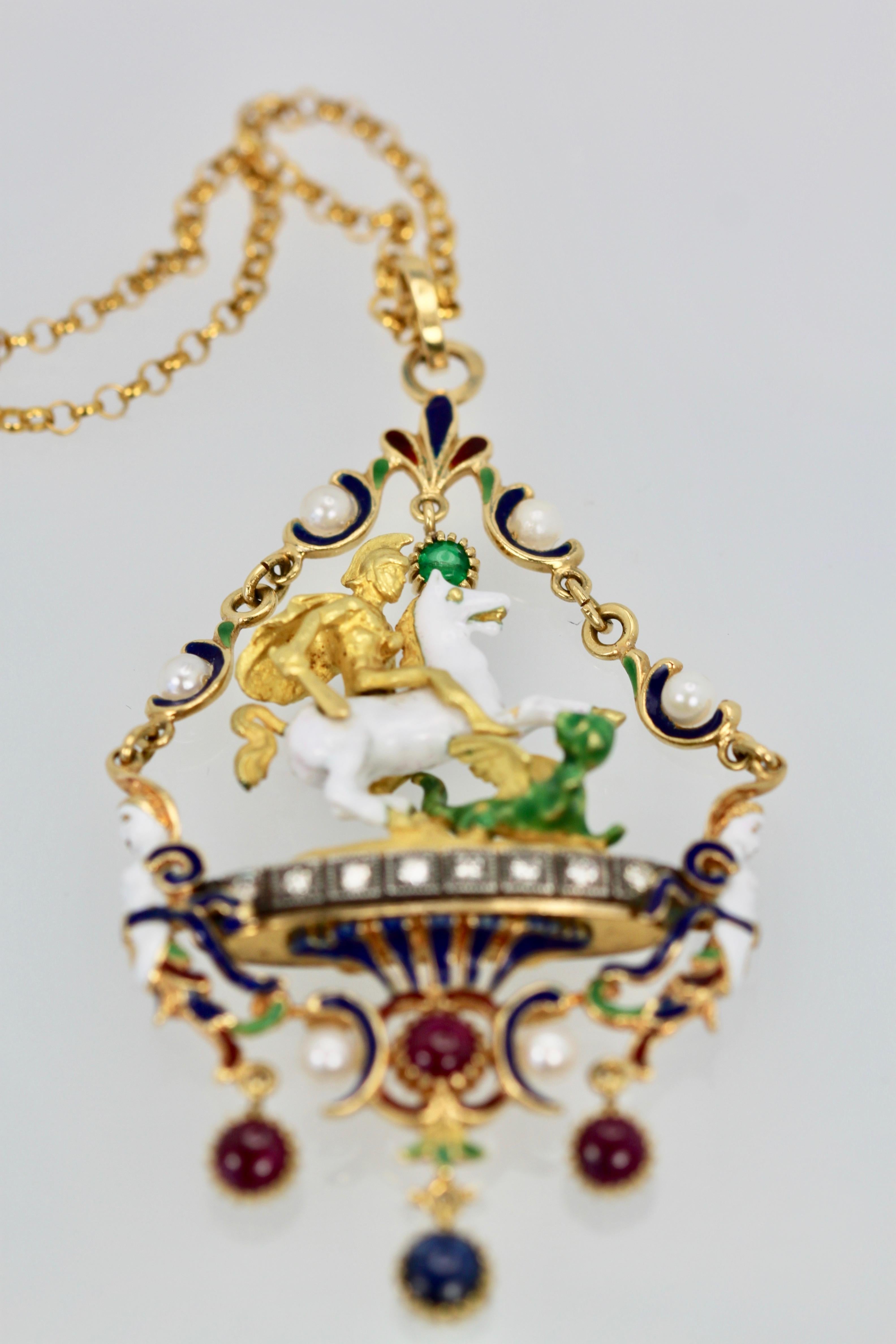 This Saint George Slaying the Dragon Pendant is in 18K Yellow Gold with enamel and gemstones is spectacular.  There are many of these pendants in silver and base metal but seldom do you find one in 18K Gold.  This one is almost perfect just a bit of