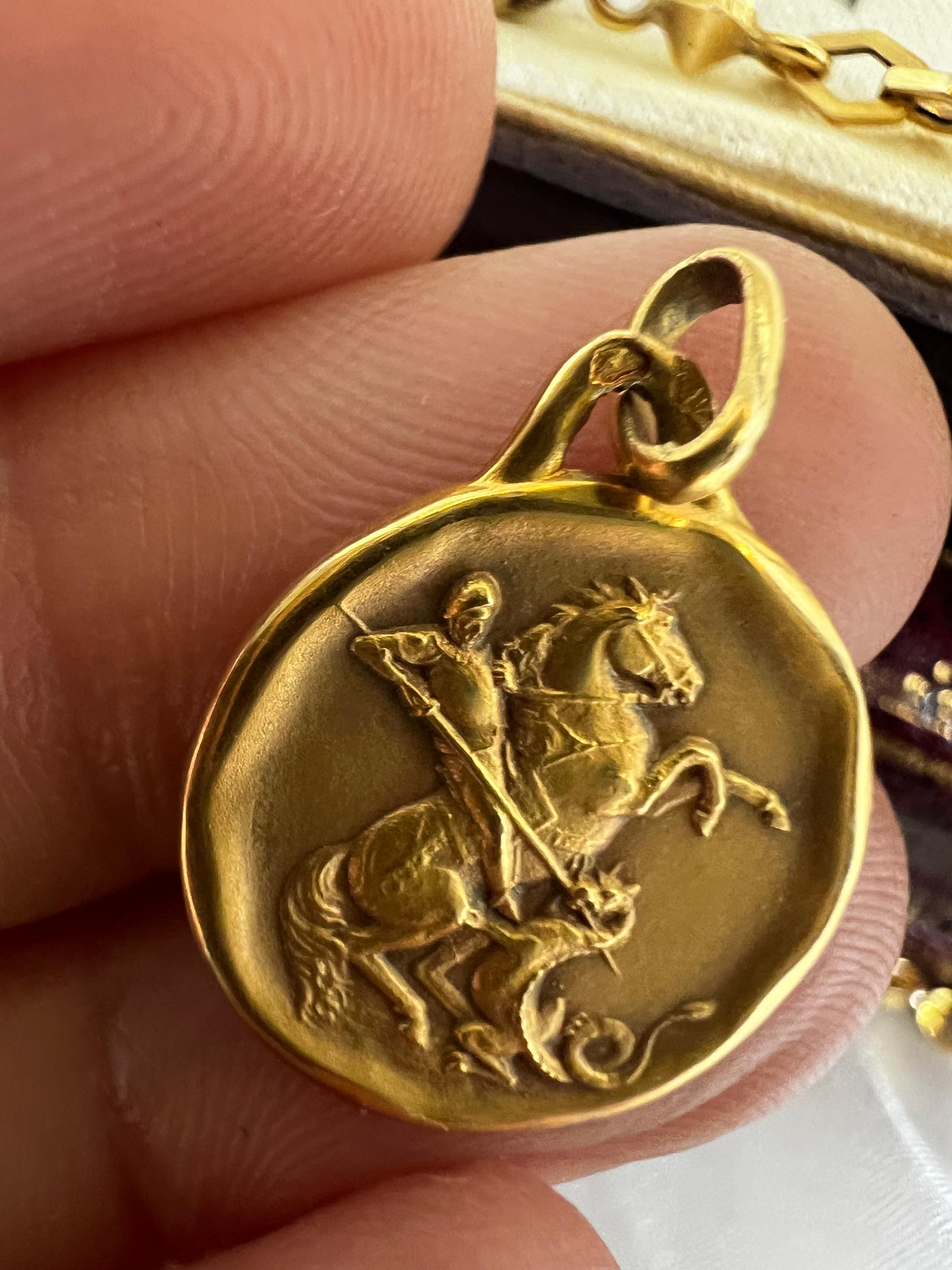 Saint George Pendant 18k Yellow Solid Gold Vintage France Religious Jewelry 8
