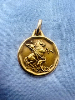 Saint George Pendant 18k Yellow Solid Gold Vintage France Religious Jewelry