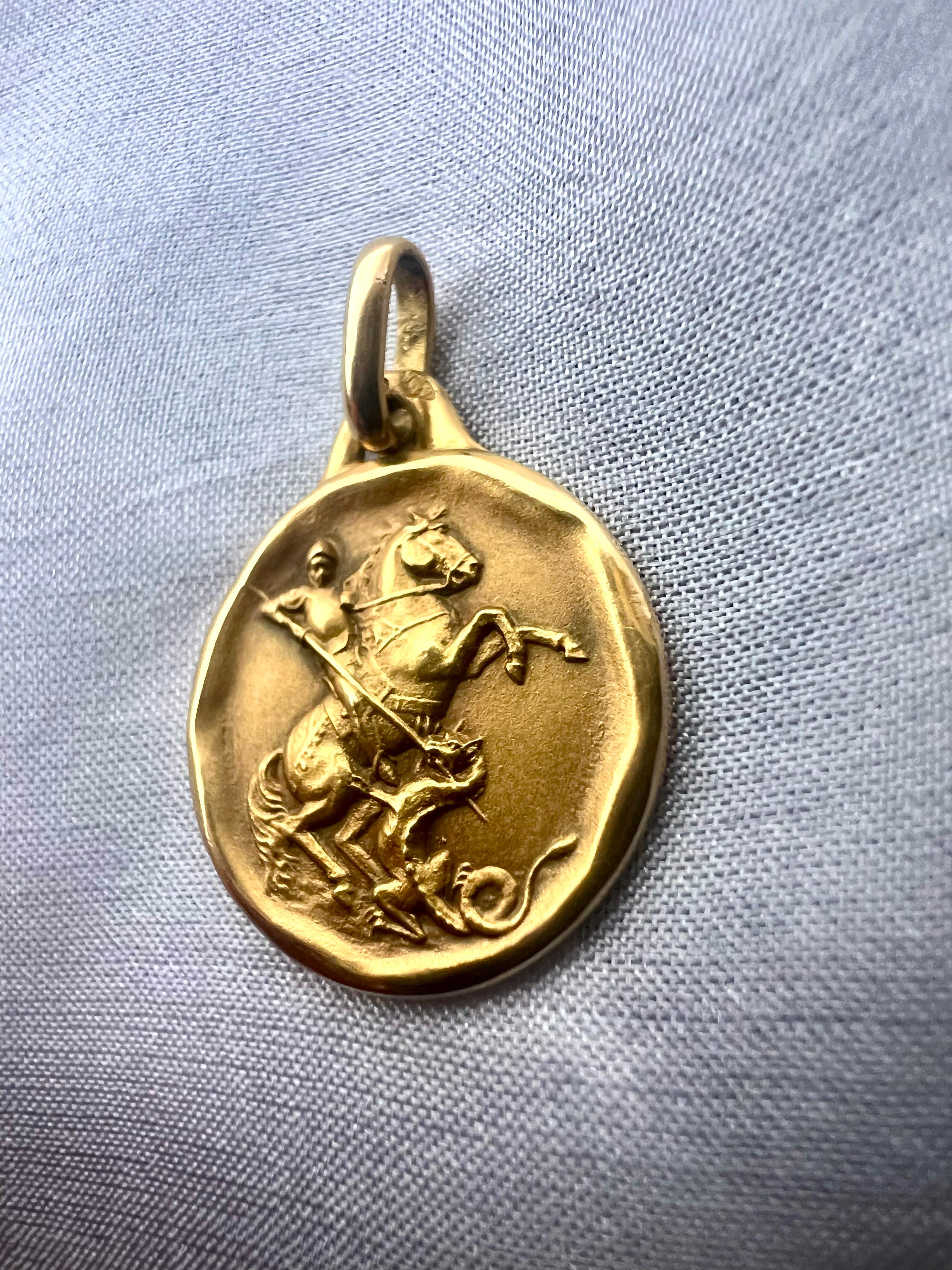 Art Nouveau Saint George Pendant 18k Yellow Solid Gold Vintage France Religious Jewelry