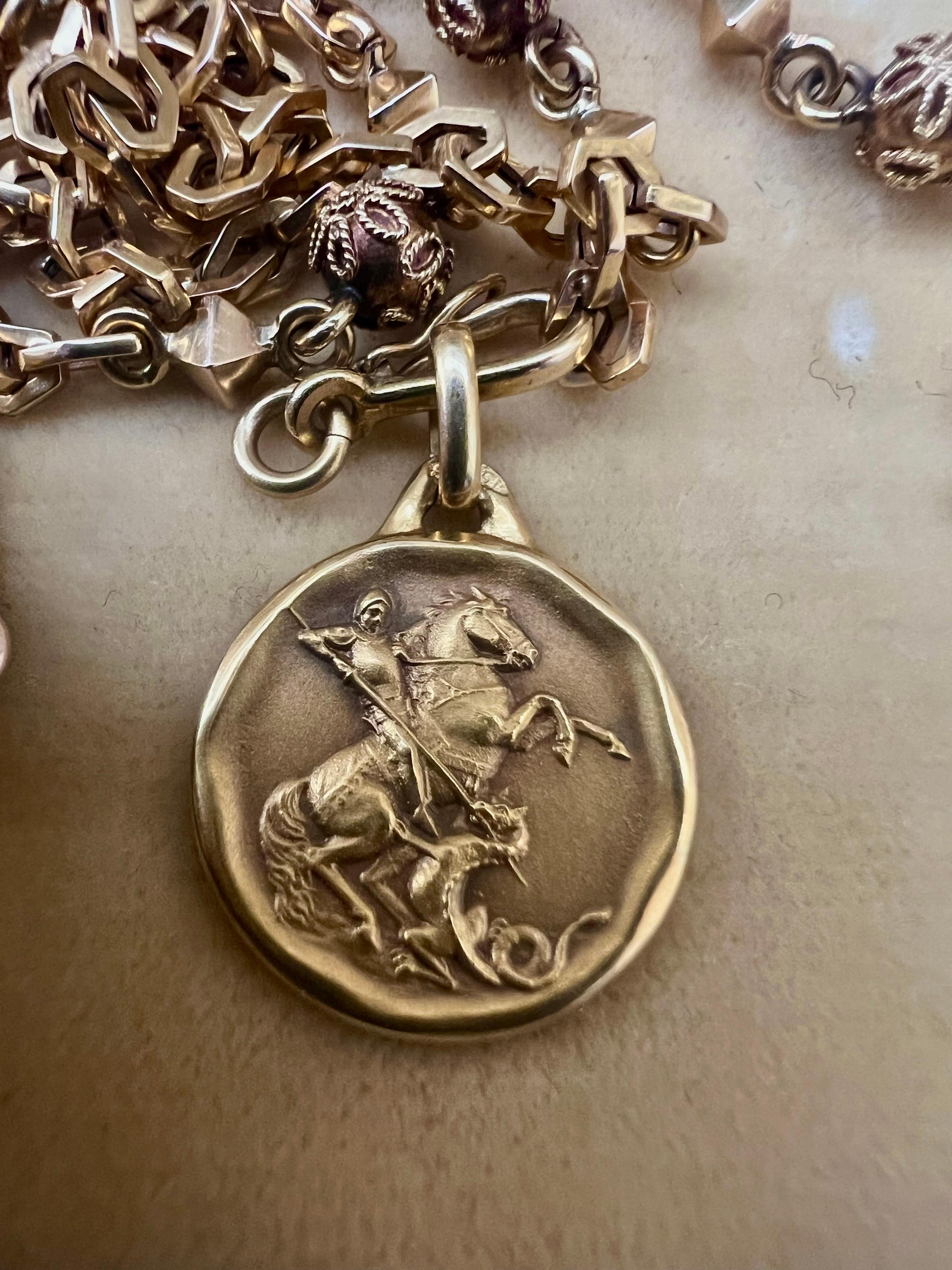 Women's or Men's Saint George Pendant 18k Yellow Solid Gold Vintage France Religious Jewelry