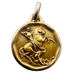 Saint George Pendant 18k Yellow Solid Gold Vintage France Religious Jewelry