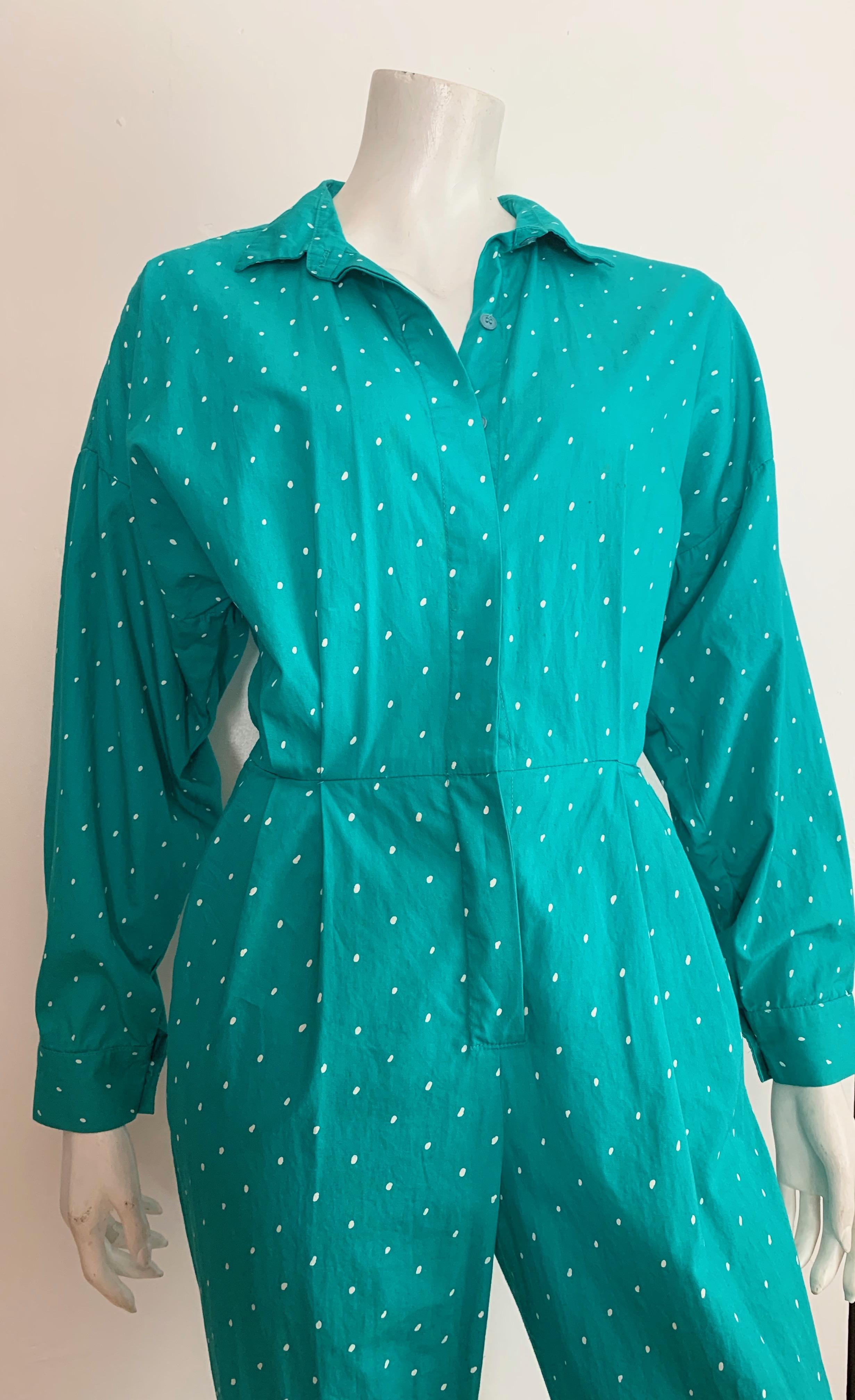 Blue Saint Germain 1980s Cotton Polka Dot Jumpsuit with Pockets Size 4. 