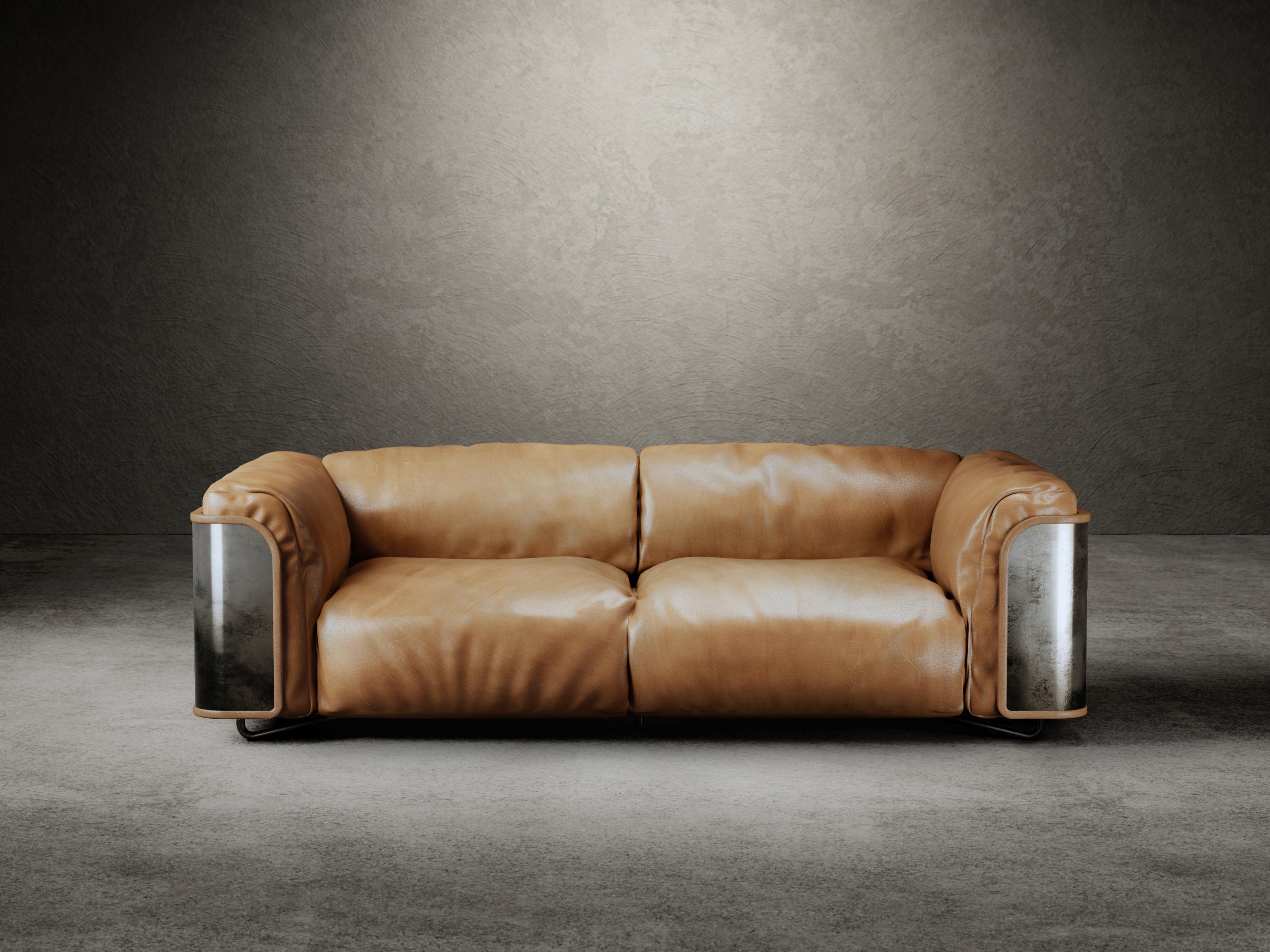 Modern Saint-Germain 2-Seat Sofa in Sella Touch Leather and raw Silver For Sale