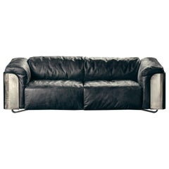 Saint-Germain 2-Seat Sofa in Black Aniline Leather and Antiqued Silver