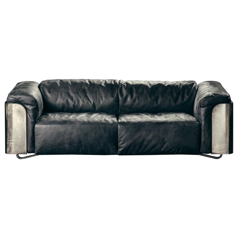 Saint Germain 2 Seat Sofa In Black Aniline Leather And Antiqued Silver