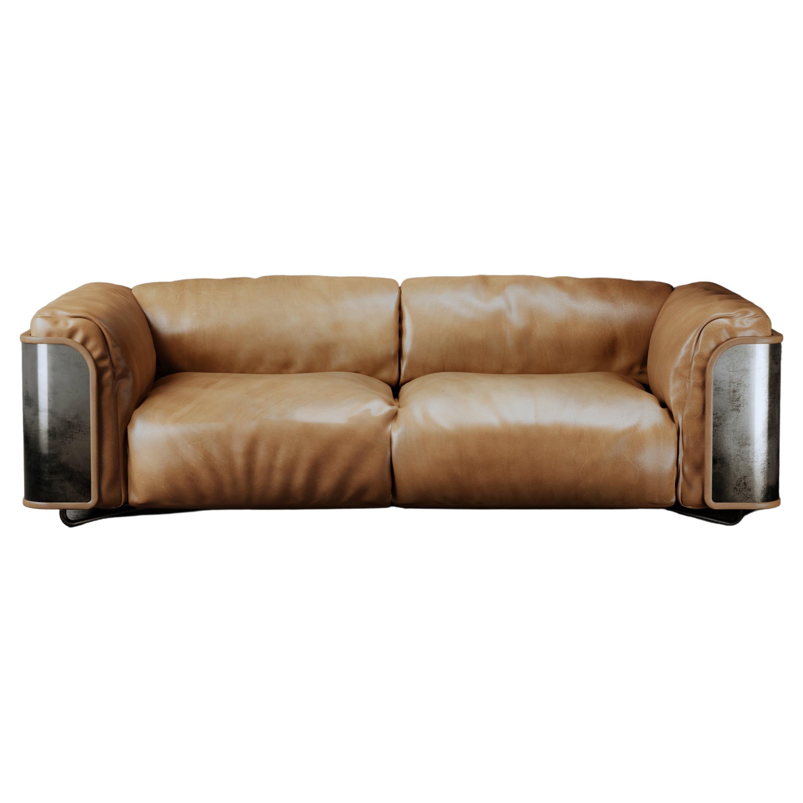 Saint-Germain 2-Seat Sofa in Sella Touch Leather and raw Silver For Sale