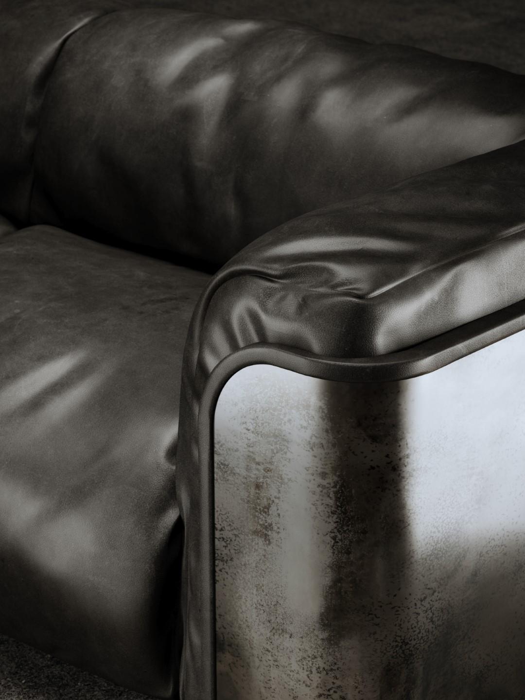 Saint-Germain 3-Sitzer-Sofa aus schwarzem Timeless-Leder und Raw Silver (Moderne) im Angebot