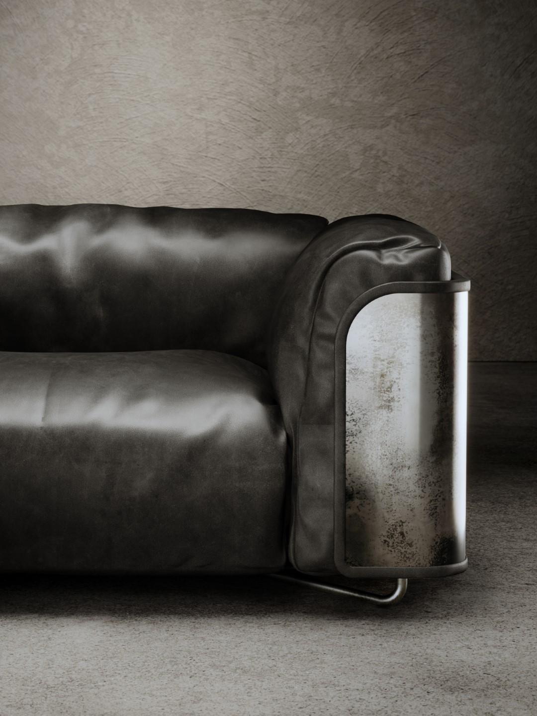 Saint-Germain 3-Sitzer-Sofa aus schwarzem Timeless-Leder und Raw Silver (Italienisch) im Angebot