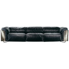 Saint-Germain 3-Seat Sofa in Black Aniline Leather and Antiqued Silver