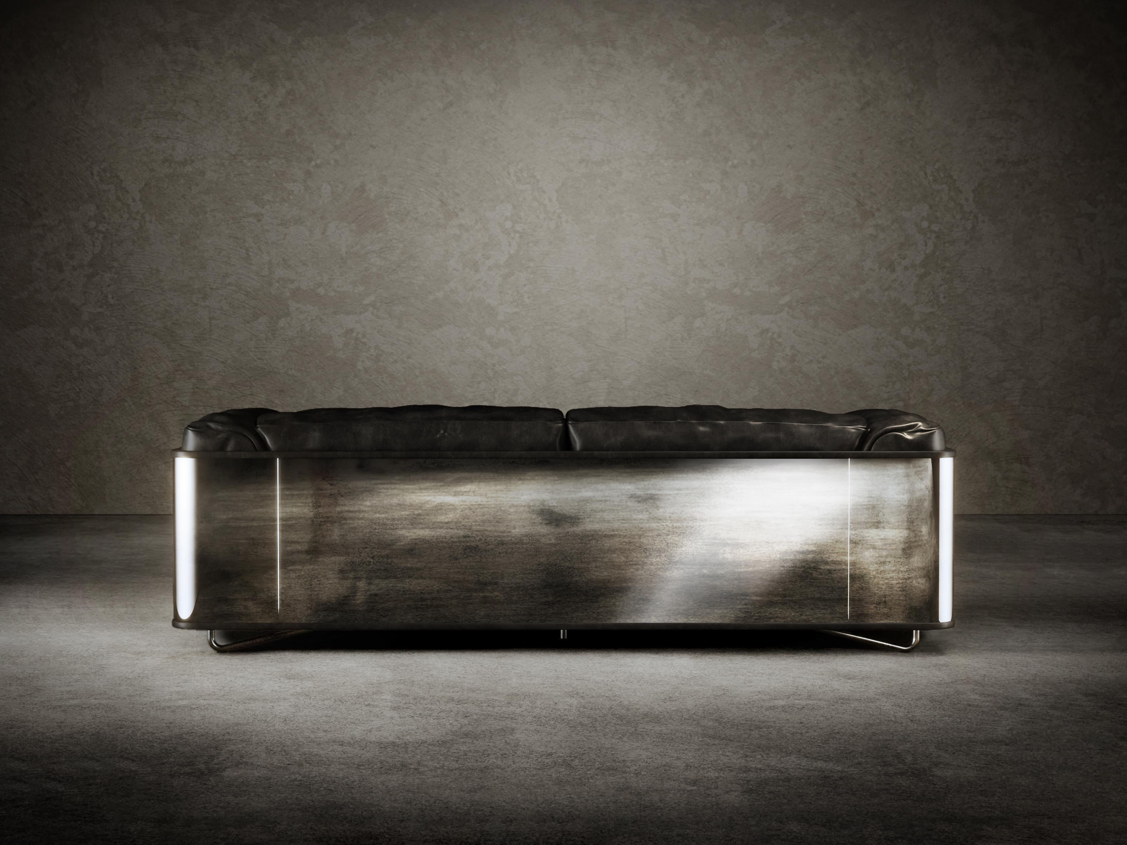 Brushed Saint-Germain 3-Seat Sofa in Black Timeless Leather and Raw Silver For Sale